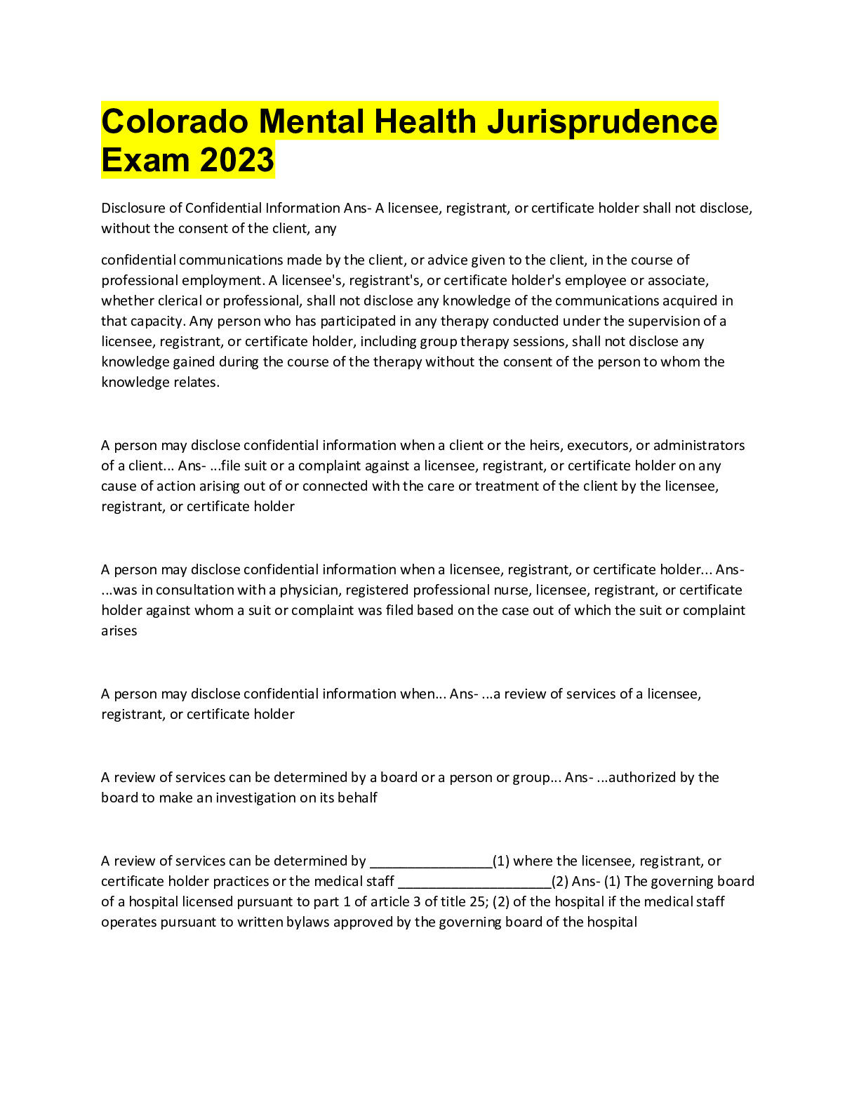 Preview image for Colorado Mental Health Jurisprudence  Exam 2023